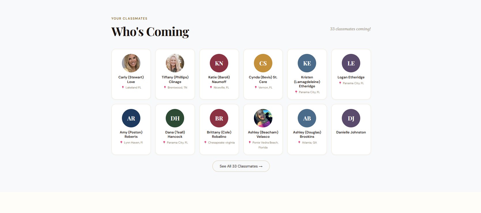 Who's Coming section showing classmate profile cards