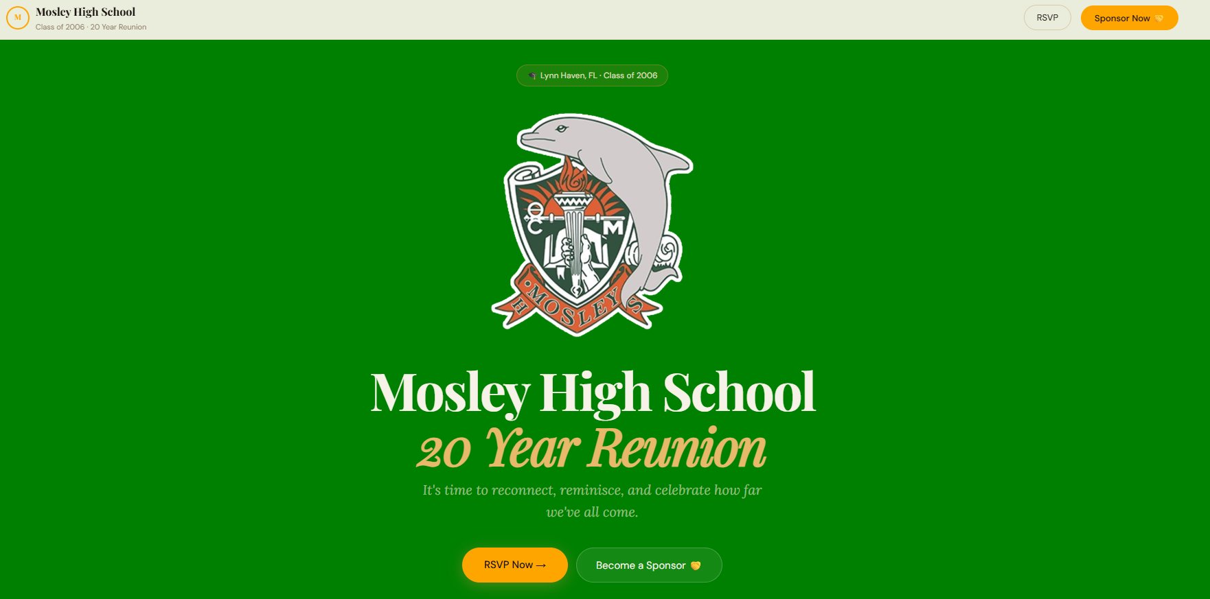 Mosley High School 20 Year Reunion page — hero section with school logo on green background