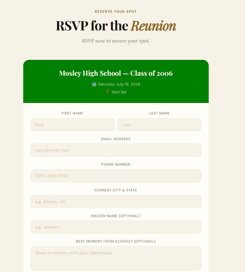 RSVP form showing event details and registration fields